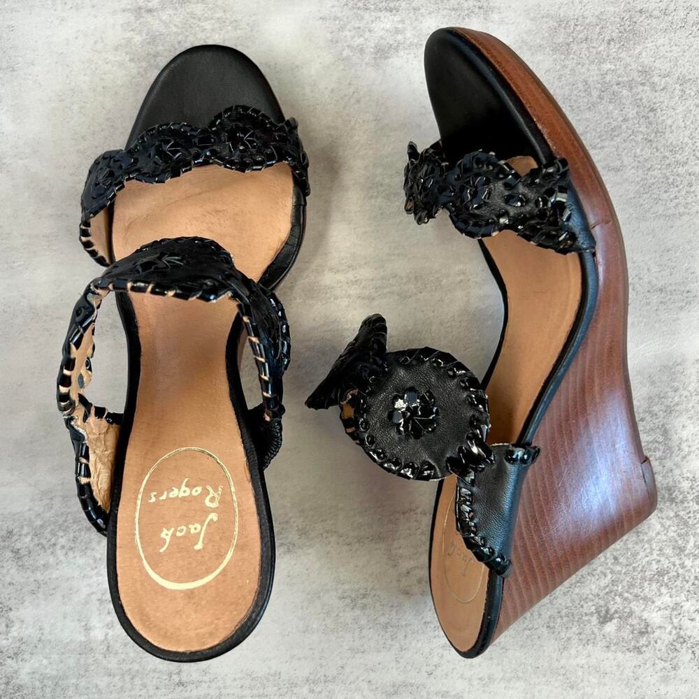 Jack Rogers Black Leather Whipstitch Wedge Sandals 7M Boho Y2K Stacked Heel